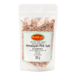 A clear resealable bag labelled Himalayan Pink Salt (Coarse) containing 500g of pink salt crystals; the label states it is GMO free, MSG free, non-irradiated, and an excellent substitute for ordinary salt.
