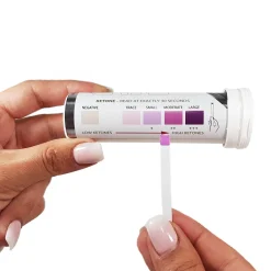 A hand holds a Ketone Urine Test Strips DNX (100s) strip beside its container featuring a colour chart for reading ketone levels from negative to large; the strip’s colour shows the present ketone level.