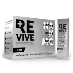 A box with 30 sachets of REVIVE Electrolytes, an electrolyte supplement containing 1000mg sodium, 200mg potassium, and 100mg magnesium per serving. Supports hydration. No sugar, carbs, or calories.