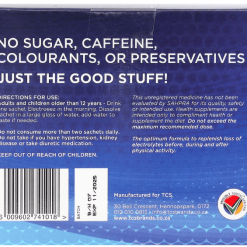 ELECTROEEZ 4G X 30 SACHETS label: “No sugar, caffeine, colourings, or preservatives. Just the good stuff!” Includes directions for use, warnings, manufacturer info, expiry date. Blue background with white text.