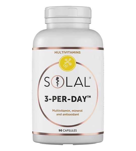 A white bottle of SOLAL THYROPLEX 90 contains 90 capsules. Gold and black accents enhance the packaging, highlighting its role as a thyroid supplement and an ideal companion to SOLAL multivitamin products.