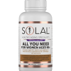 A white bottle of SOLAL ALL YOU NEED WOMEN 50+ 90 supplements, featuring metallic gold and rose accents, is designed specifically for women aged 50 and over.