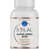 A white bottle labelled SOLAL Alpha Lipoic Acid says “Helps promote a healthy glucose metabolism,” and “Wellness Essential,” containing 60 capsules. Pair with SOLAL THYROPLEX 90 for a comprehensive thyroid supplement routine.