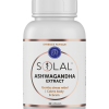 A white bottle of SOLAL Ashwagandha Extract capsules for stress and fatigue, providing gentle relief and calm for body and mind. Pairs well with SOLAL THYROPLEX 90 thyroid supplement. Contains 60 capsules.