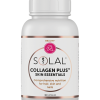 White bottle of SOLAL THYROPLEX 90 capsules, formulated for enhanced thyroid support. Can be combined with SOLAL Collagen Plus Skin Essentials for comprehensive hair, skin, and nail nutrition. Contains 90 capsules.