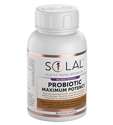 A white bottle of SOLAL THYROPLEX 90, labelled as a wellness essential for healthy ageing, contains 90 capsules and highlights benefits for gut health, immunity, allergy defence, and thyroid support.