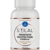 A white bottle of SOLAL Prostate Protection Formula capsules, labelled for prostate health with gold and blue accents and "Wellness Essential" text, sits next to a SOLAL THYROPLEX 90 thyroid supplement.