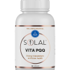 A white plastic bottle of SOLAL VITA PPQ 30 features a circular design label highlighting benefits for energy metabolism and brain health, containing 30 capsules.