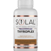A white bottle of SOLAL THYROPLEX 90 capsules, featuring copper accents and bilingual English and Afrikaans labelling, is described as a metabolic health and thyroid support supplement.