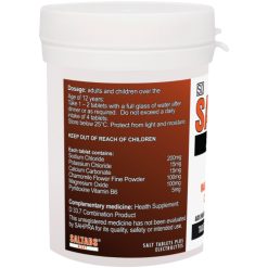 Saltabs Night 30: White container with a white lid and plain background. Black text on the label displays dosage instructions, ingredients, and warnings. Contains 30 salt tablets.