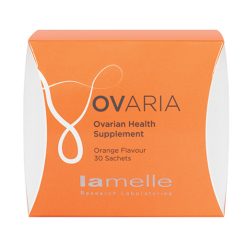 An orange and white box labelled Ovaria PCOS Supplement for Ovarian Health contains 30 orange-flavoured sachets, produced by Lamelle Research Laboratories.
