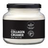 A clear glass jar with a black label contains The Harvest Table Bovine Collagen Creamer, made with premium bovine collagen and MCT oil. It has no artificial ingredients or additives, and the jar is filled with a white powder.