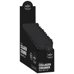 A black display box holds packets of The Harvest Table Bovine Collagen Creamer with MCT oil, featuring white text and the Harvest logo, and highlighting its premium bovine collagen ingredients.