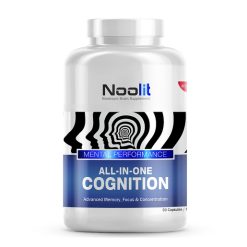 A white bottle labelled Noolit Cognition Capsules features abstract head graphics and highlights Mental Performance, All-in-One Cognition, Advanced Memory, Focus & Concentration—premium capsules for sharper thinking.