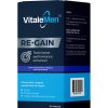 A blue and black box labelled VitaleMen ReGain 30 Capsules claims to boost energy, muscle strength, and healthy testosterone. The box contains 30 capsules with dosage instructions on the side.