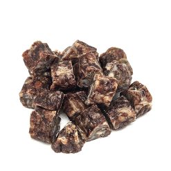 A pile of Droëwors, featuring small, dark brown cubes with a marbled texture, is arranged on a white background.