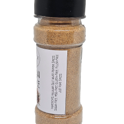 A clear plastic jar with a black lid, filled with light brown Origin Braai Spice powder. The jar has a white label featuring the product name and is set against a plain white background.