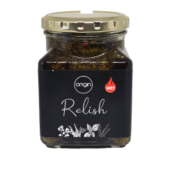 Origin Relish comes in a glass jar with a gold lid and a black label featuring bold white 