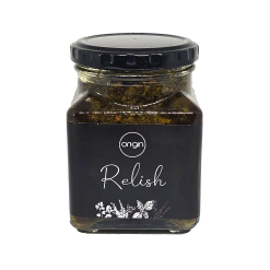 Origin Relish comes in a square glass jar with a black lid and white label, featuring small herb illustrations at the bottom and holding a dark green, chunky relish.