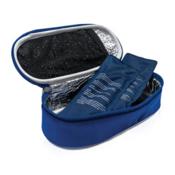 The Medication Cool Bag with 2 Ice Packs is shown open, displaying its silver-lined interior, two gel ice packs, and an inner lid mesh pocket for organisation.