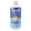 Equal Liquid Sweetener 200ml features a blue label with a coffee cup and latte art, shows it's equivalent to 2.4 kg of sugar, and provides drop and teaspoon dosage info for easy sweetening of any drink or dish.